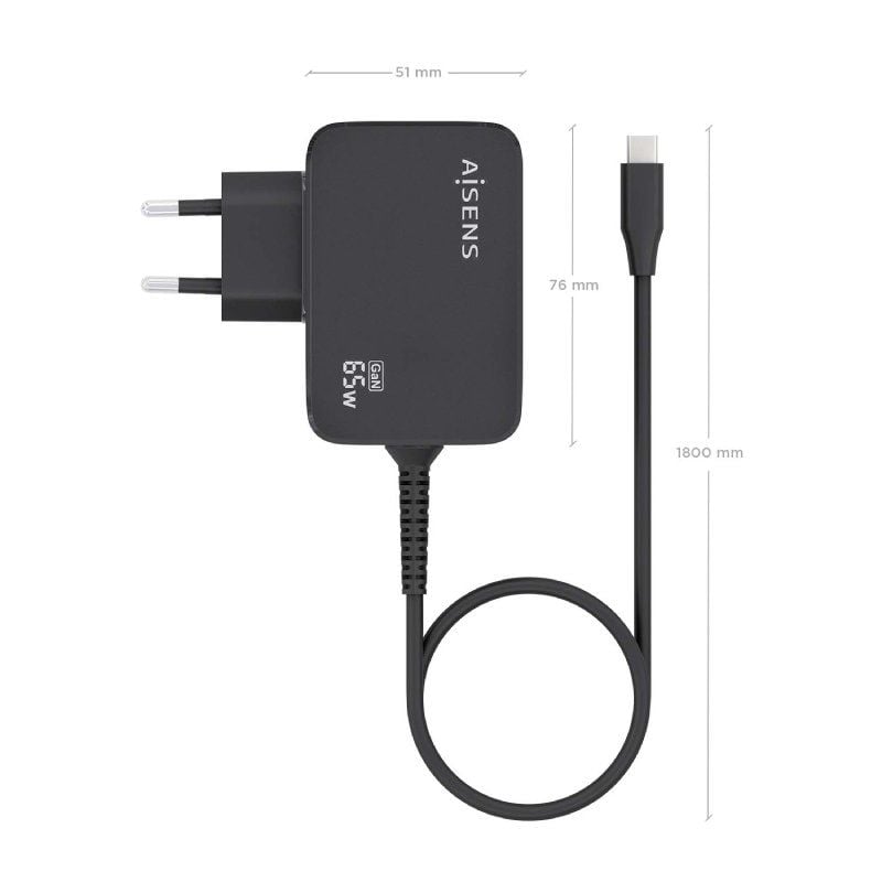Carregador de Parede Gan Aisens Asch-1pd65wl033-bk / 1xusb Type-c + Cabo 1,8m / 65W