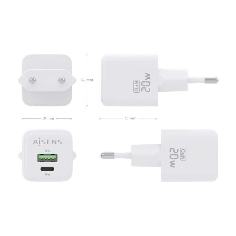 Carregador de Parede Aisens Gan Asch-20w2p010-w / 1xusb Type-c / 1xusb / 20W