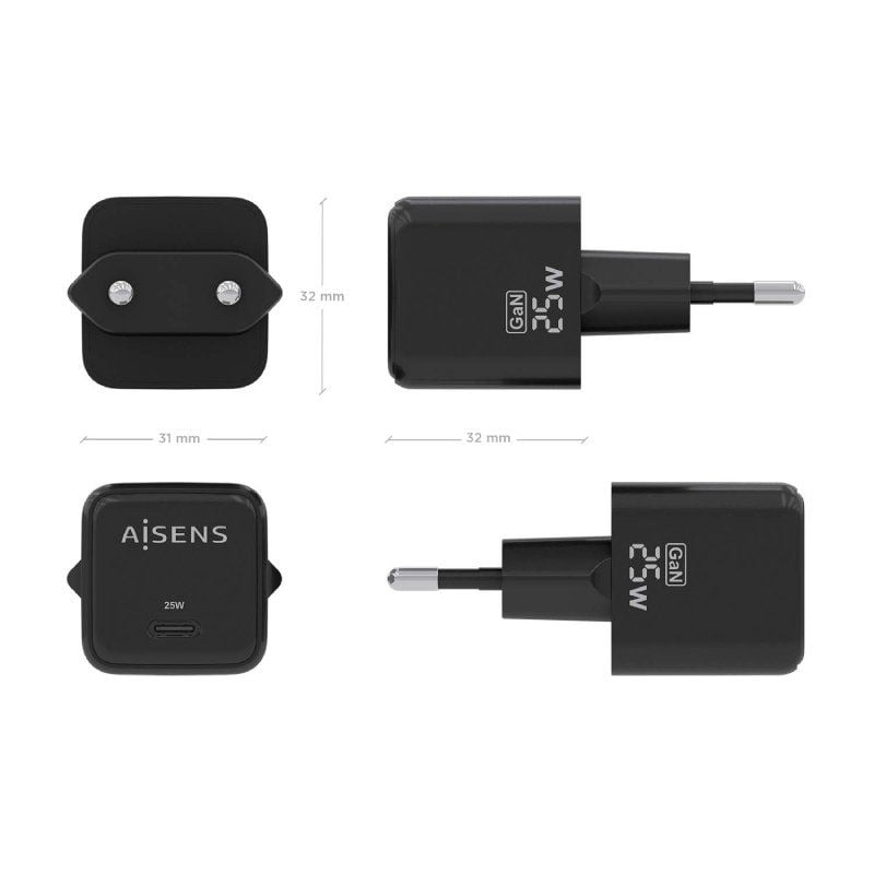 Carregador de Parede Gan Aisens Asch-25w1p013-bk / 1xusb Type-c / 25W