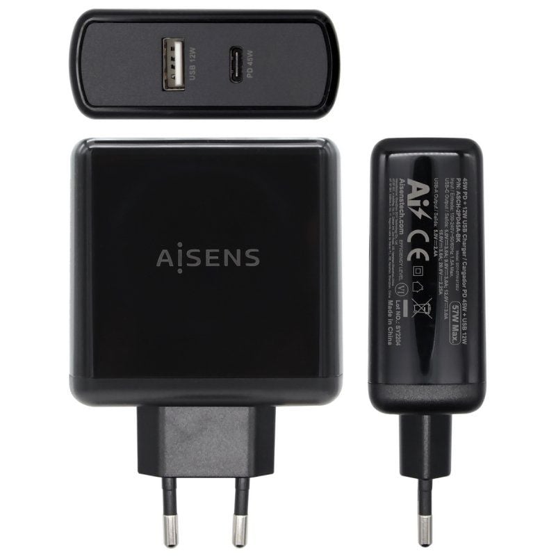 Carregador de Parede Aisens Asch-2pd45a-bk / 1xusb Type-c / 1x USB / 57W
