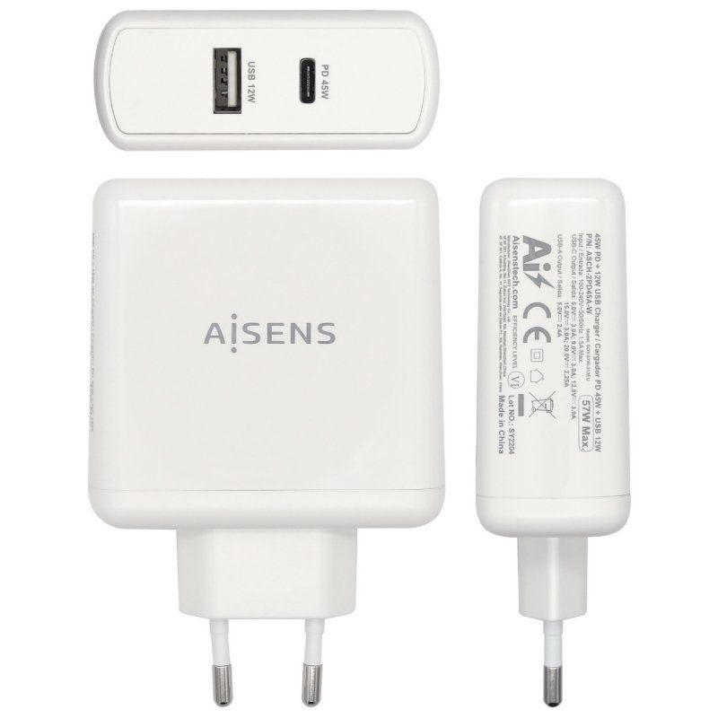 Carregador de Parede Aisens Asch-2pd45a-w / 1xusb Type-c / 1x USB / 57W