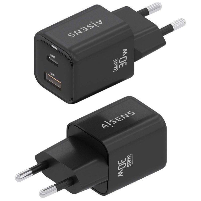Carregador de Parede Gan Aisens Asch-30w2p021-bk / 1xusb Type-c / 1xusb / 30W