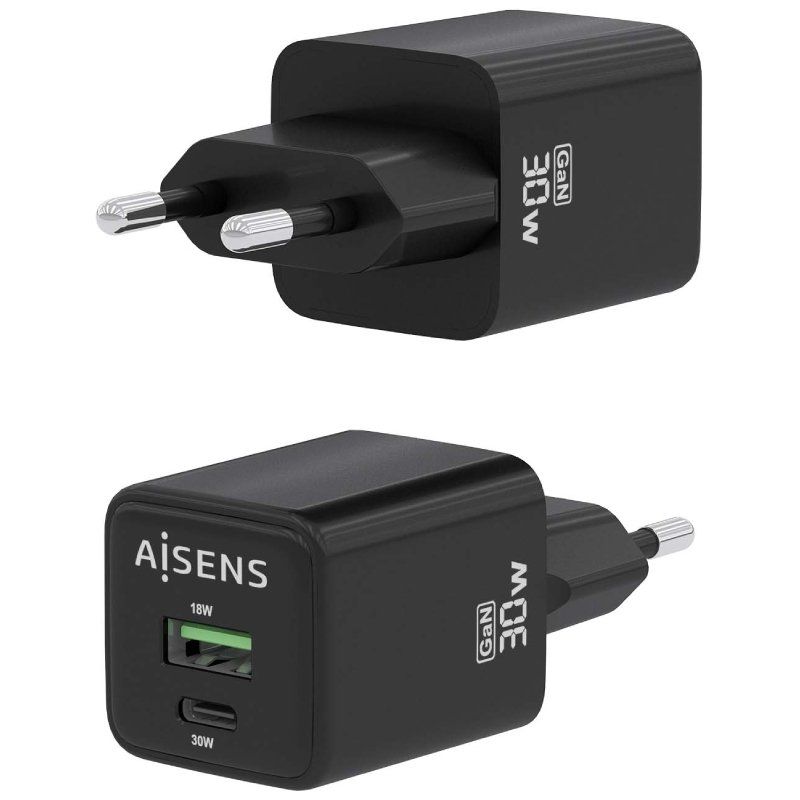 Carregador de Parede Gan Aisens Asch-30w2p038-bk / 1xusb Type-c / 1xusb / 30W