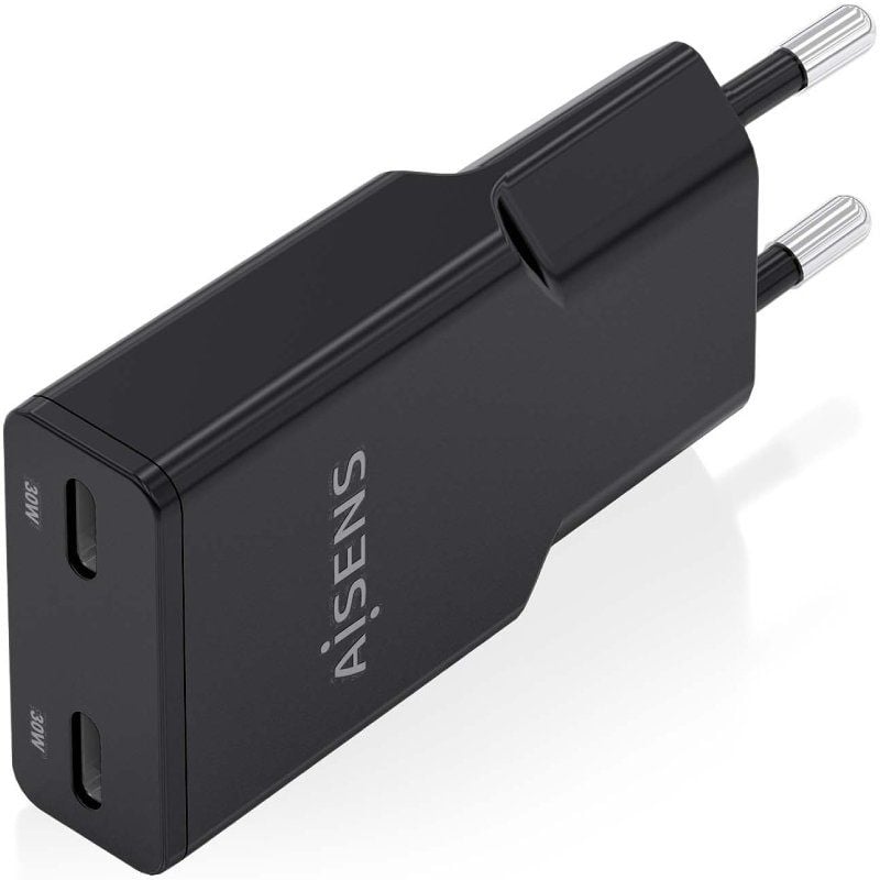 Carregador de Parede Gan Aisens Asch-30w2p049-bk / 2xusb Type-c / 30W / Preto