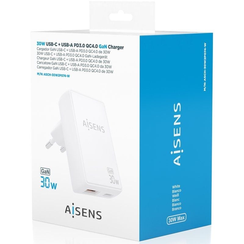 Carregador de Parede Gan Aisens Asch-30w2p074-w / 1xusb Type-c / 1xusb / 30W / Branco