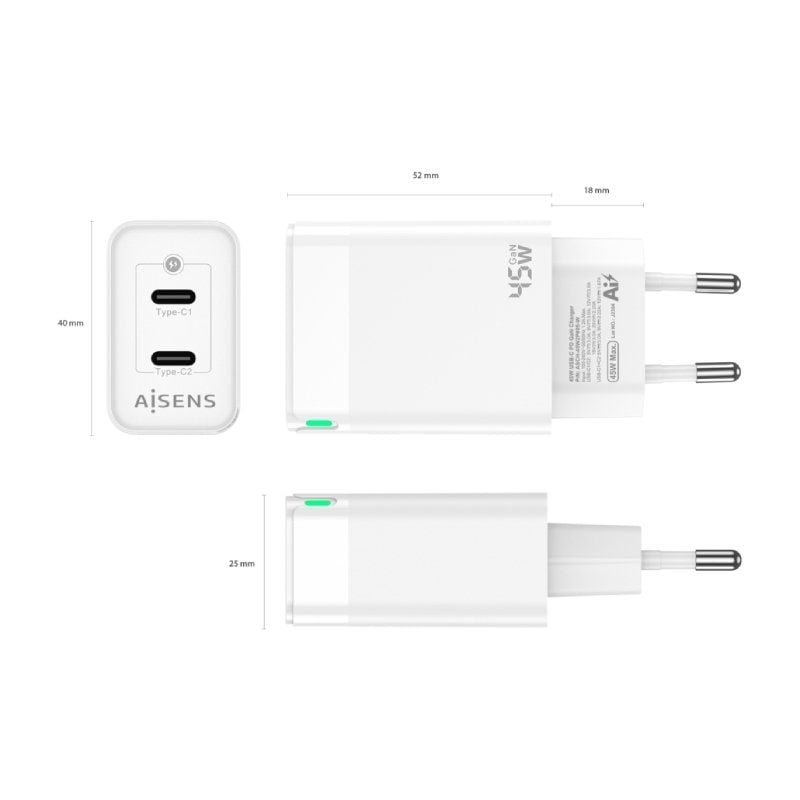 Carregador de Parede Aisens Gan Asch-45w2p005-w / 2xusb Type-c / 45W