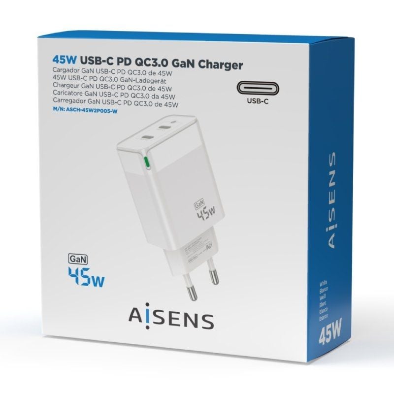 Carregador de Parede Aisens Gan Asch-45w2p005-w / 2xusb Type-c / 45W