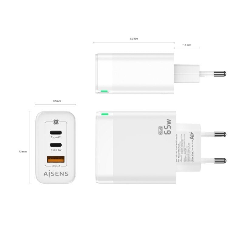 Carregador de Parede Gan Aisens Asch-65w3p007-w / 2xusb Type-c / 1x USB / 65W