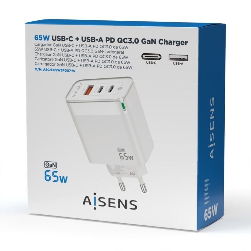 Carregador de Parede Gan Aisens Asch-65w3p007-w / 2xusb Type-c / 1x USB / 65W
