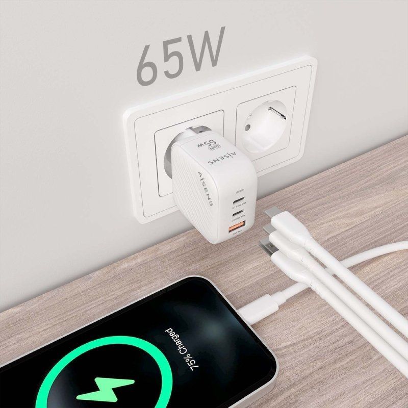 Carregador de Parede Gan Aisens Asch-65w3p026-w / 2xusb Type-c / 1xusb / 65W