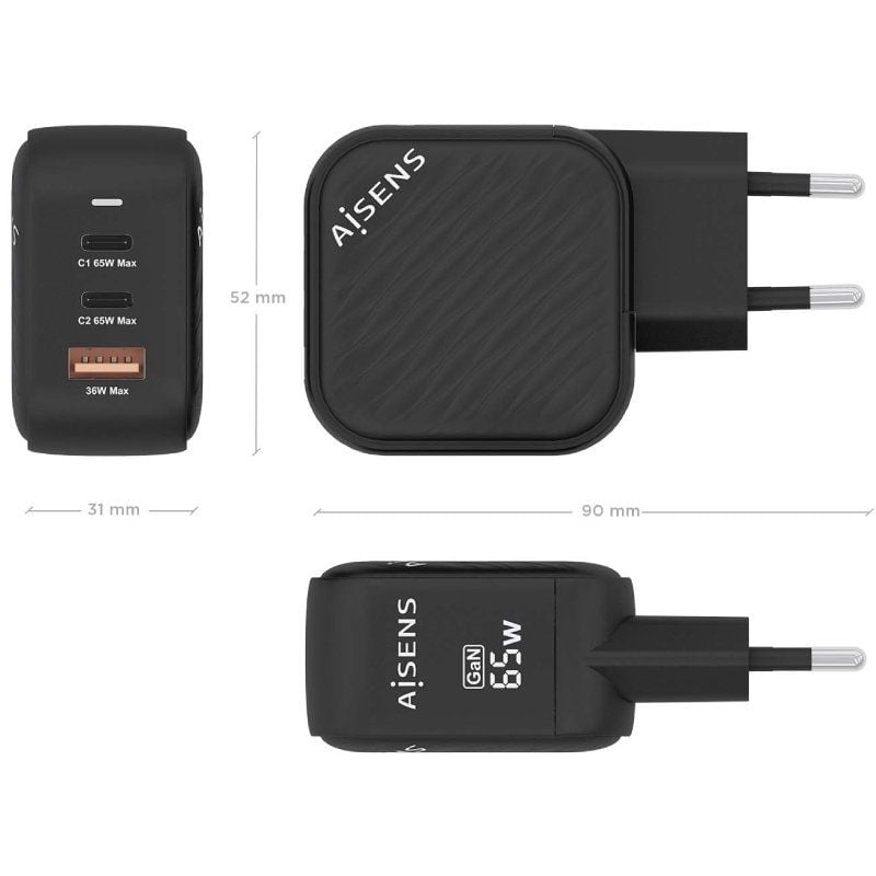 Carregador de Parede Gan Aisens Asch-65w3p027-bk / 2xusb Type-c / 1xusb / 65W