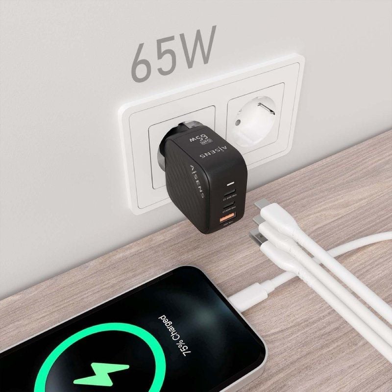 Carregador de Parede Gan Aisens Asch-65w3p027-bk / 2xusb Type-c / 1xusb / 65W
