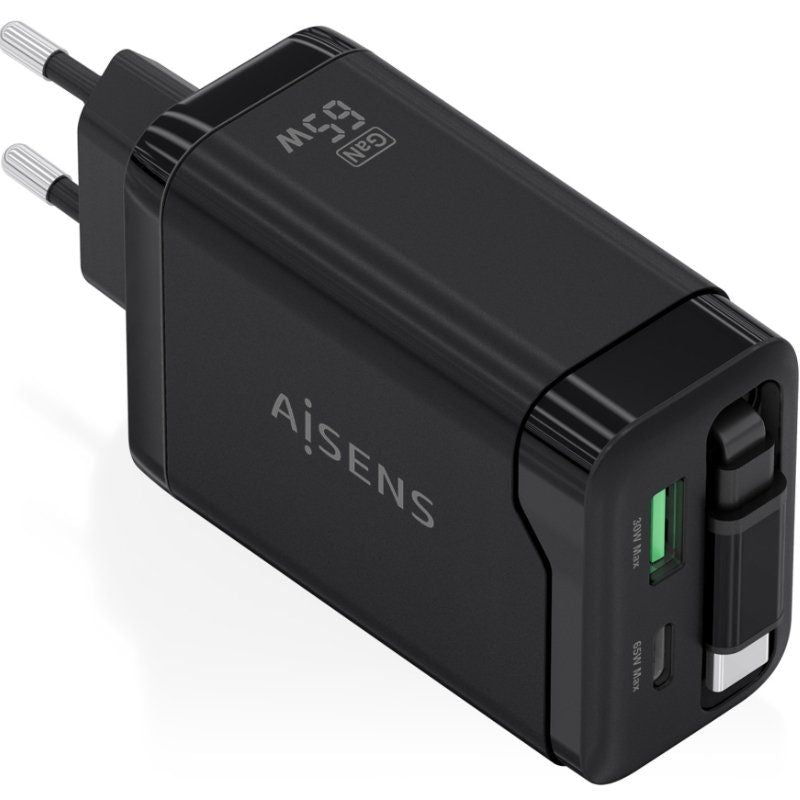 Carregador de Parede Gan Aisens Asch-65w3p071-bk / 1xusb Type-c / 1xusb / 65W / Preto