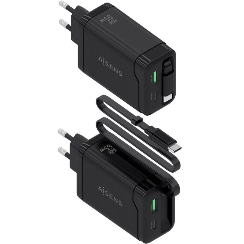 Carregador de Parede Gan Aisens Asch-65w3p071-bk / 1xusb Type-c / 1xusb / 65W / Preto