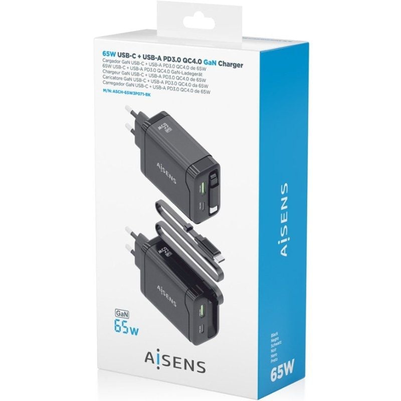 Carregador de Parede Gan Aisens Asch-65w3p071-bk / 1xusb Type-c / 1xusb / 65W / Preto