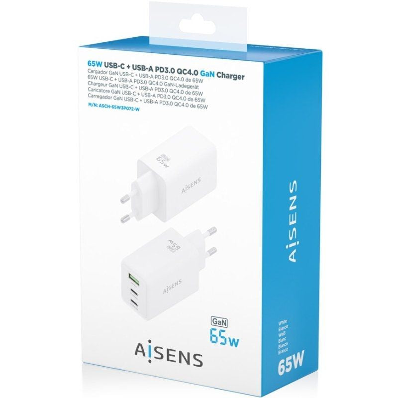 Carregador de Parede Gan Aisens Asch-65w3p072-w / 2xusb Type-c / 1xusb / 65W / Branco