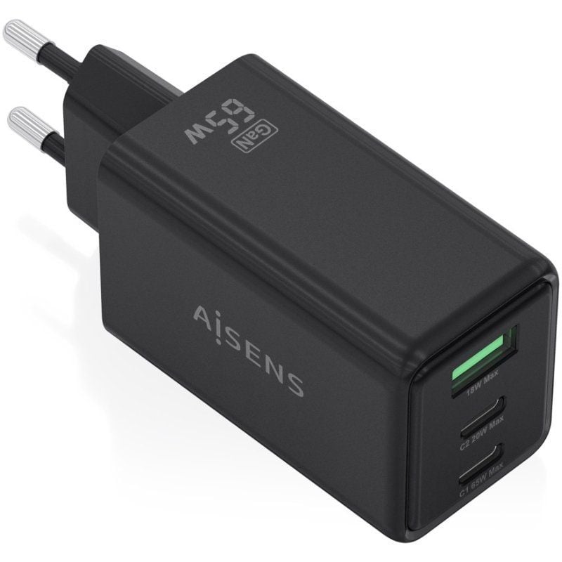 Carregador de Parede Gan Aisens Asch-65w3p073-bk / 2xusb Type-c / 1xusb / 65W / Preto