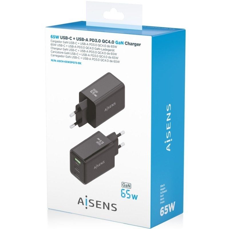 Carregador de Parede Gan Aisens Asch-65w3p073-bk / 2xusb Type-c / 1xusb / 65W / Preto