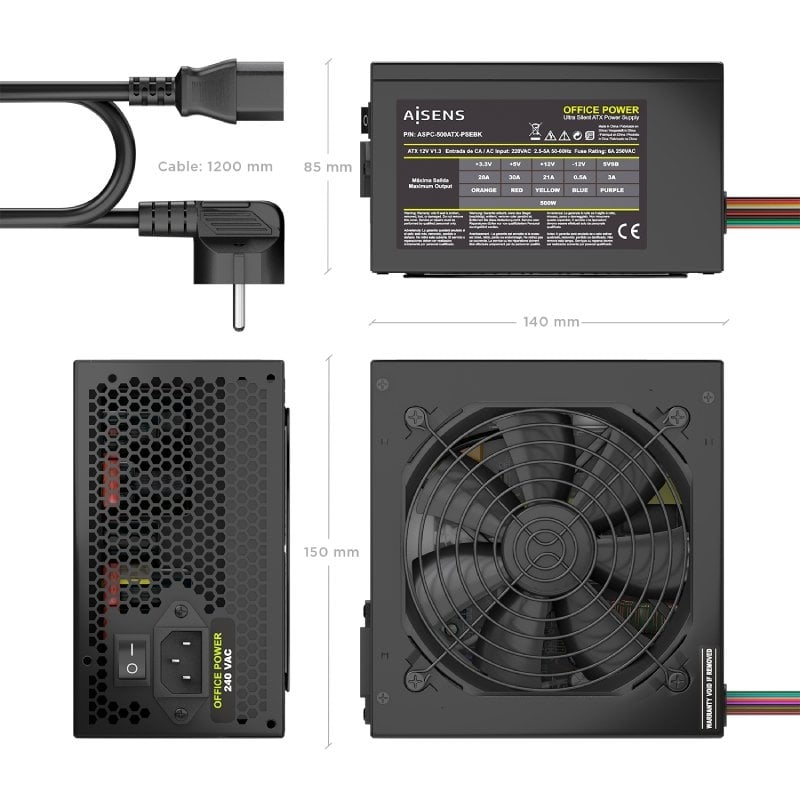 Fonte de Alimentação Aisens Aspc-500atx-psebk / 500 W / Ventilador de 12 Cm