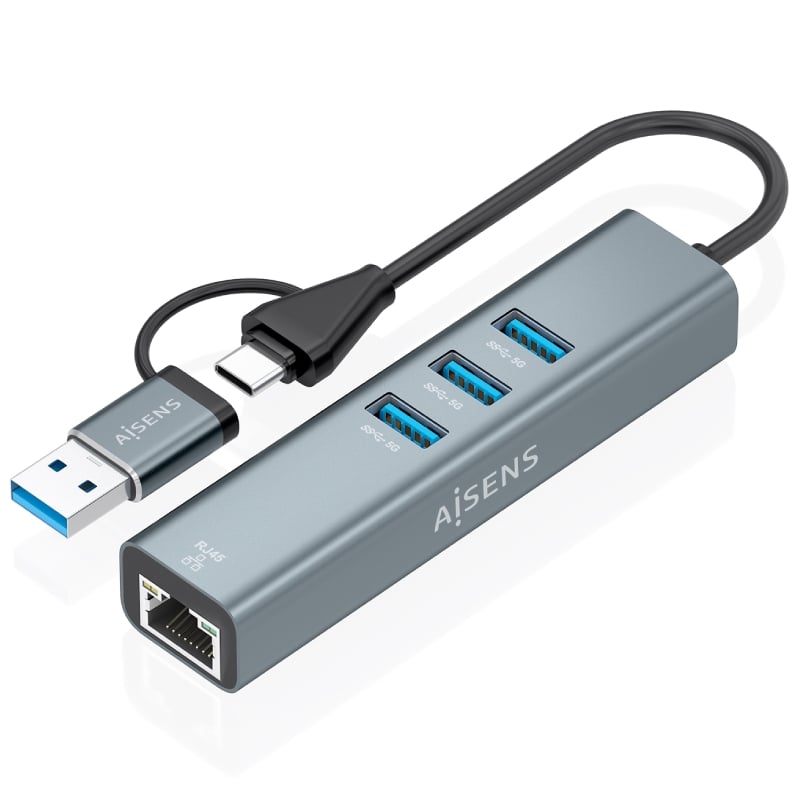 Hub USB + USB Tipo C 3.2 Aisens A109-1033 / 3xusb / 1xrj45 / Cinzento
