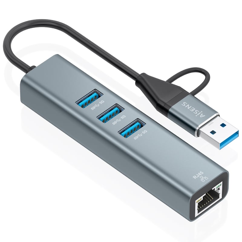 Hub USB + USB Tipo C 3.2 Aisens A109-1033 / 3xusb / 1xrj45 / Cinzento
