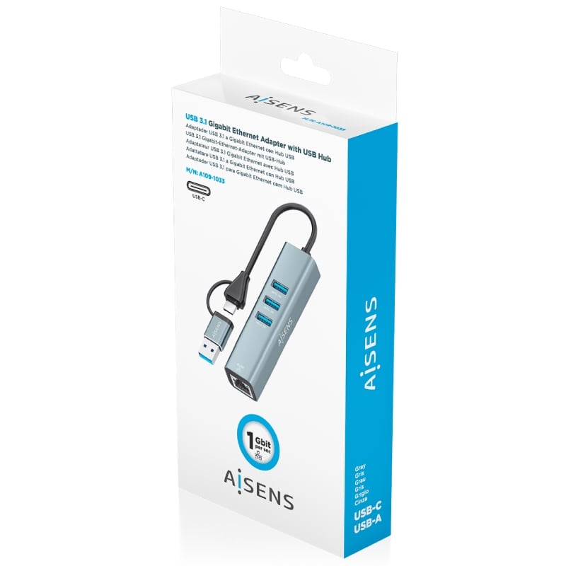 Hub USB + USB Tipo C 3.2 Aisens A109-1033 / 3xusb / 1xrj45 / Cinzento