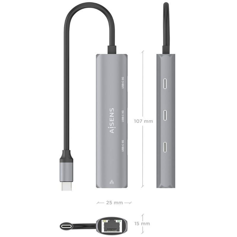 Concentrador USB Tipo C Aisens Asuc-4p041-gr / 3xusb Tipo C / 1xrj45 / Cinzento