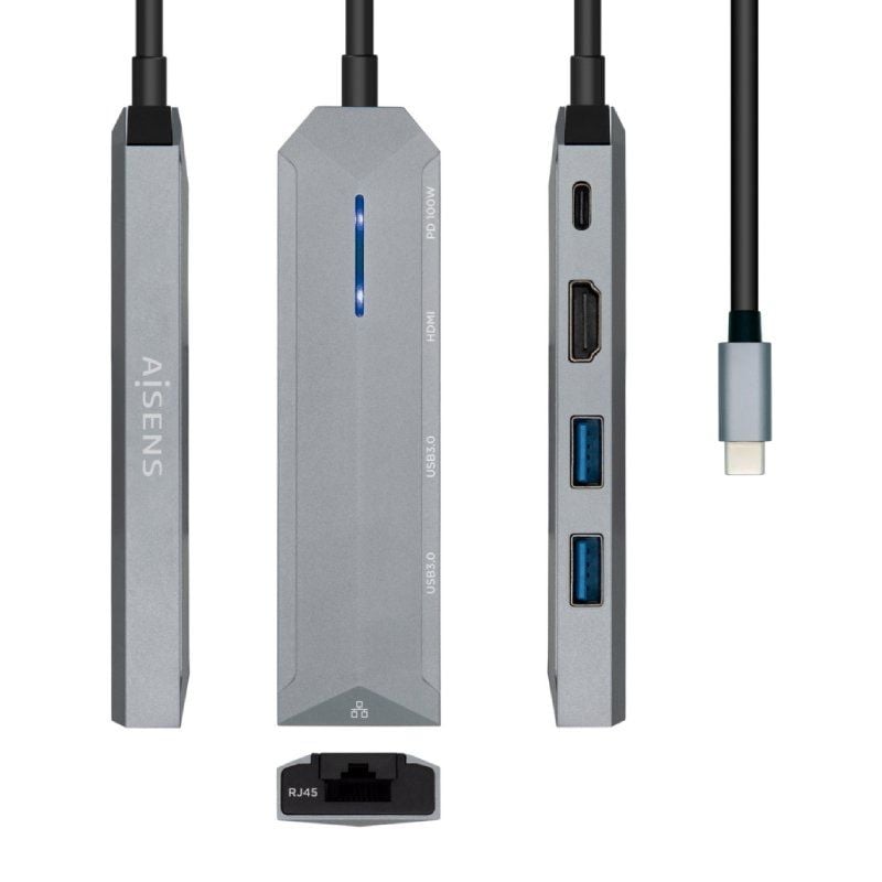 Base de Ligação USB Tipo C Aisens Asuc-5p003-gr / 1xhdmi / 2xusb / 1xrj45 / 1xusb Tipo C PD / Cinze…