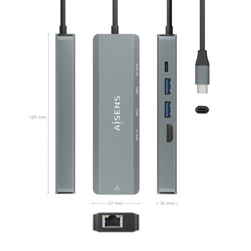 Base de Ligação USB Tipo C Aisens Asuc-5p011-gr / 1xhdmi / 2xusb / 1xrj45 / 1xusb Tipo C / 1xusb Ti…