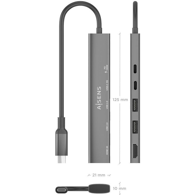 Base de Ligação USB Tipo C Aisens Asuc-5p022-gr / 1xhdmi / 2xusb / 1xusb Tipo C / 1xusb Tipo C PD /…