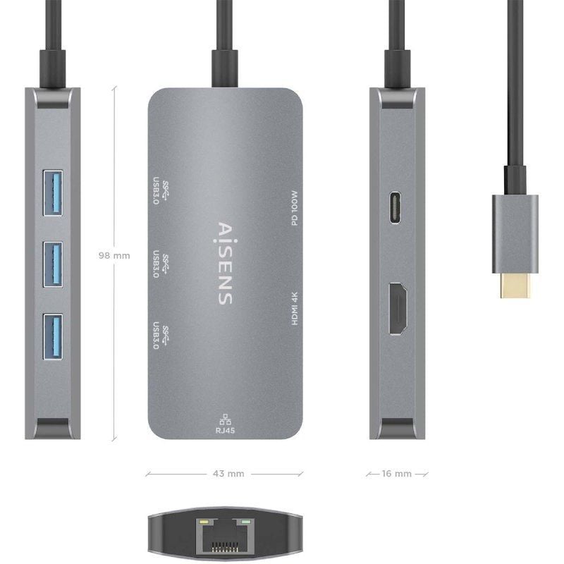 Base de Ligação USB Tipo C Aisens Asuc-6p019-gr / 1xhdmi / 3xusb / 1xrj45 / 1xusb Tipo C PD / Cinze…