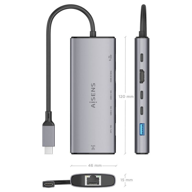 Base de Ligação USB Tipo C Aisens Asuc-6p030-gr / 1xhdmi / 1xusb / 2xusb Tipo C / 1xrj45 / 1xusb Ti…