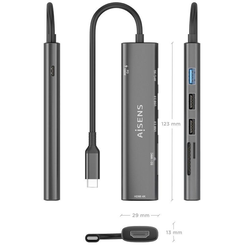 Base de Ligação USB Tipo C Aisens Asuc-7p025-gr / 1xhdmi / 3xusb / 1xusb Tipo C PD / 1xleitor de Ca…