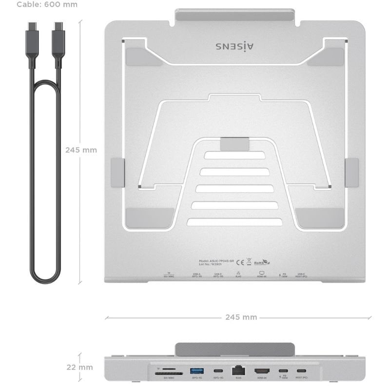 Suporte de Secretária - Base de Ligação USB Tipo C Aisens Asuc-7p045-gr / 1xusb / 1xusb Tipo C / 1x…