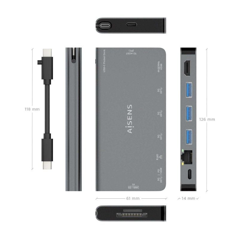 Base de Ligação USB Tipo C Aisens Asuc-8p015-gr / 1xhdmi / 3xusb / 1xrj45 / 1xleitor de Cartões / 1…