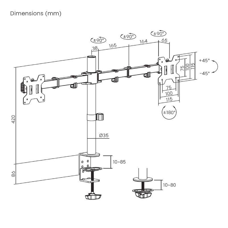 Suporte de Mesa para 2 Monitores Aisens Dt32tsr-279 / Giratório / Inclinado / Até 10kg