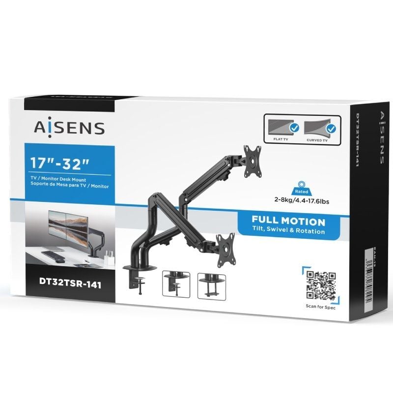 Suporte de Mesa para 2 Monitores Aisens Dt32tsr-141 / Giratório / Inclinado / Até 8kg