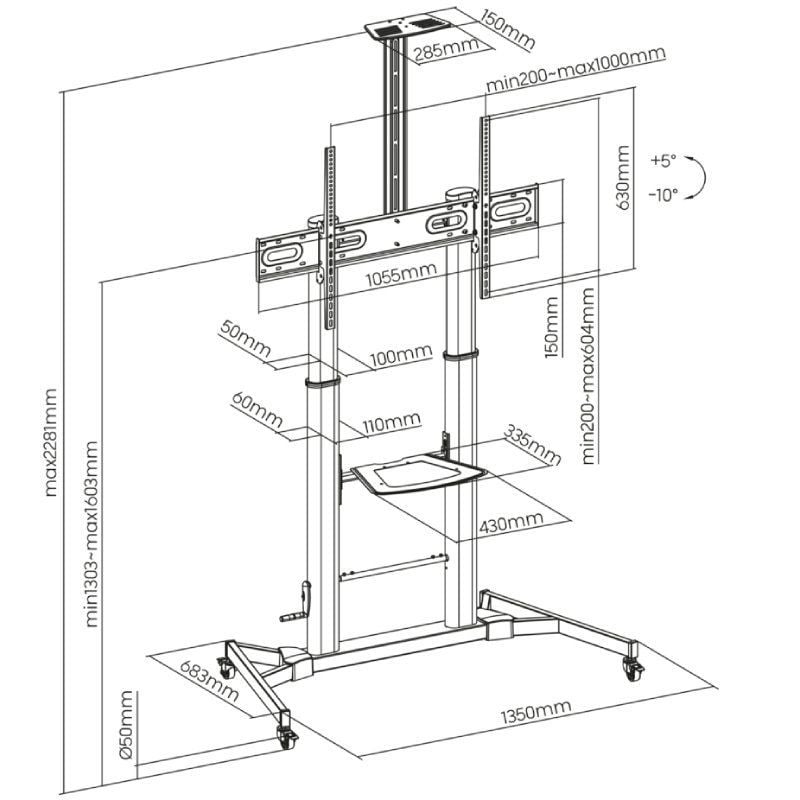 Aisens Ft100te-171 Suporte de Chão Inclinável com Rodízios e Manivela para TV 60-100" / Até 100kg