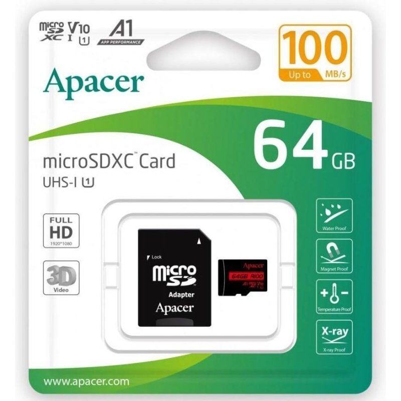 Cartão de Memória Apacer 64GB XC UHS 1 com Adaptador / Classe 10 / 100mbs