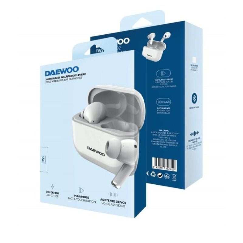 Auscultadores Bluetooth Daewoo DW2002 com Estojo de Carregamento / Autonomia 6h / Branco
