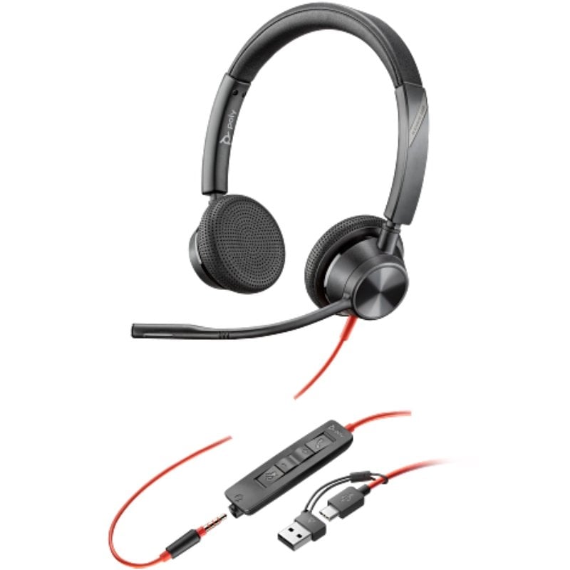 Auscultadores Poly Blackwire 3325 + Adaptador Usb-c / a / com Microfone / Ficha de 3,5 Mm / Preto