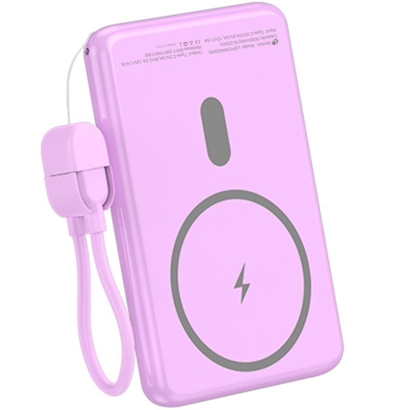 Powerbank 5000mah Leotec LEPOWW20W5P / 20W / sem Fios / Roxo / Inclui Cabo USB Tipo C