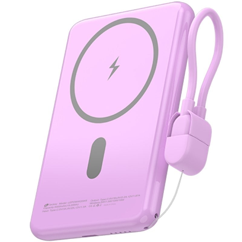 Powerbank 5000mah Leotec LEPOWW20W5P / 20W / sem Fios / Roxo / Inclui Cabo USB Tipo C