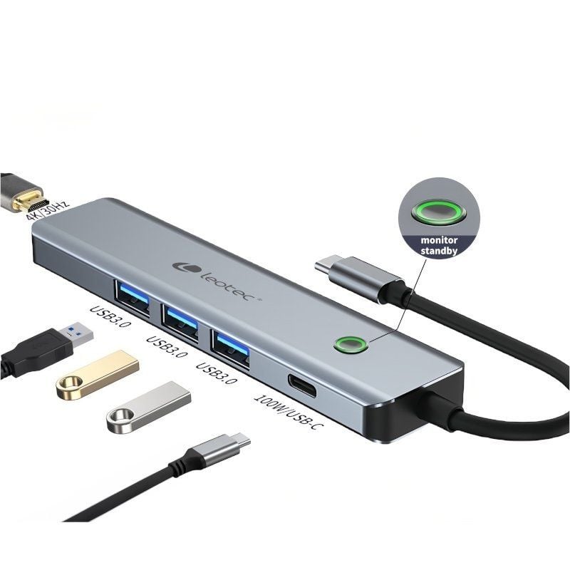 Base de Ligação USB Tipo C Leotec LEDS05 / 3xusb / 1xusb Tipo C PD / 1xhdmi 4K / Cinzento