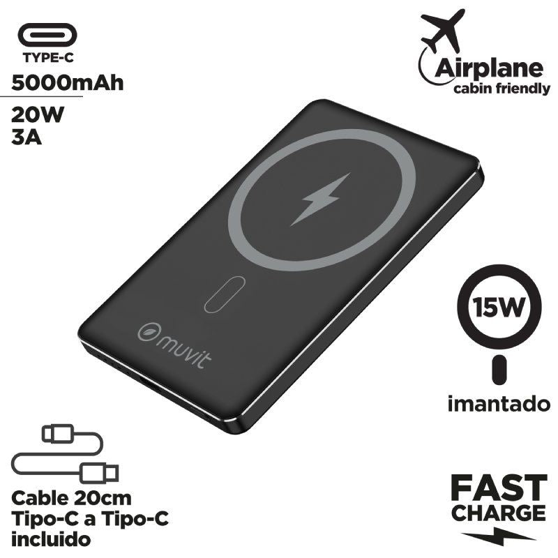 Powerbank 5000mah Muvit For Change MCCHP0009 / 20W / sem Fios / Preto / Inclui Cabo USB Tipo C