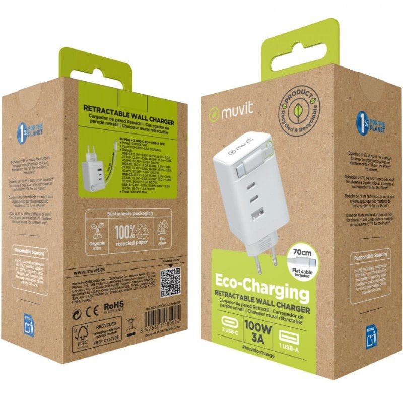 Carregador de Parede Muvit For Change MCACC0050 / 1xusb / 2xusb Type-c / 100W