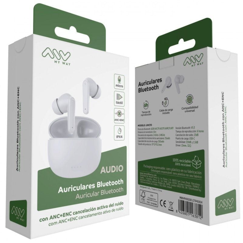 Auscultadores Bluetooth Myway MWHPH0028 com Estojo de Carregamento / Autonomia 6h / Branco