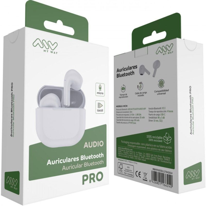 Auscultadores Myway Wireless Touch Bluetooth MWHPH0030 com Estojo de Carregamento / Autonomia 3h /…