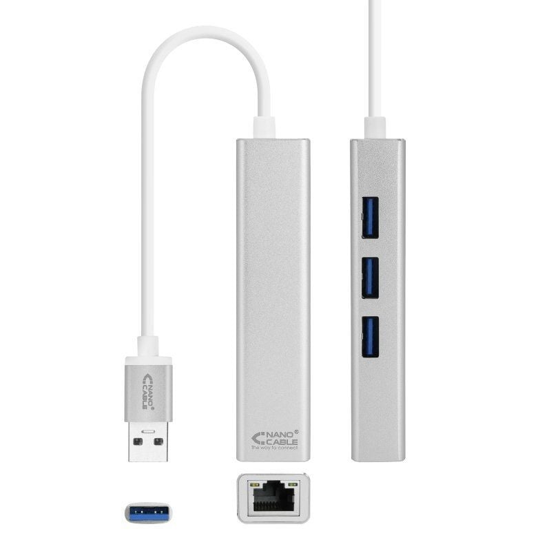 Hub USB 3.0 Nanocable 10.03.0403 / 3xusb / 1xrj45 / Cinzento