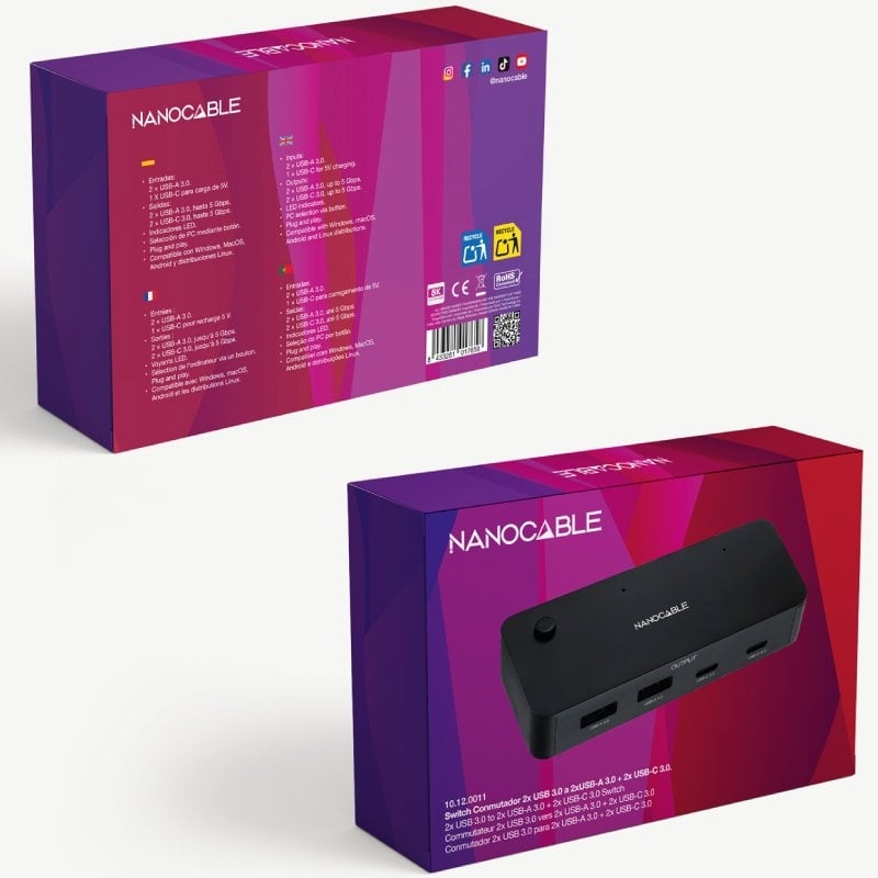 Conmutador USB Nanocable 10.12.0011 / 2x USB / 2x USB Tipo C